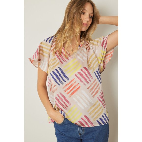 entro Tops - Entro V-Neck Flutter Sleeve Blouse, Latte